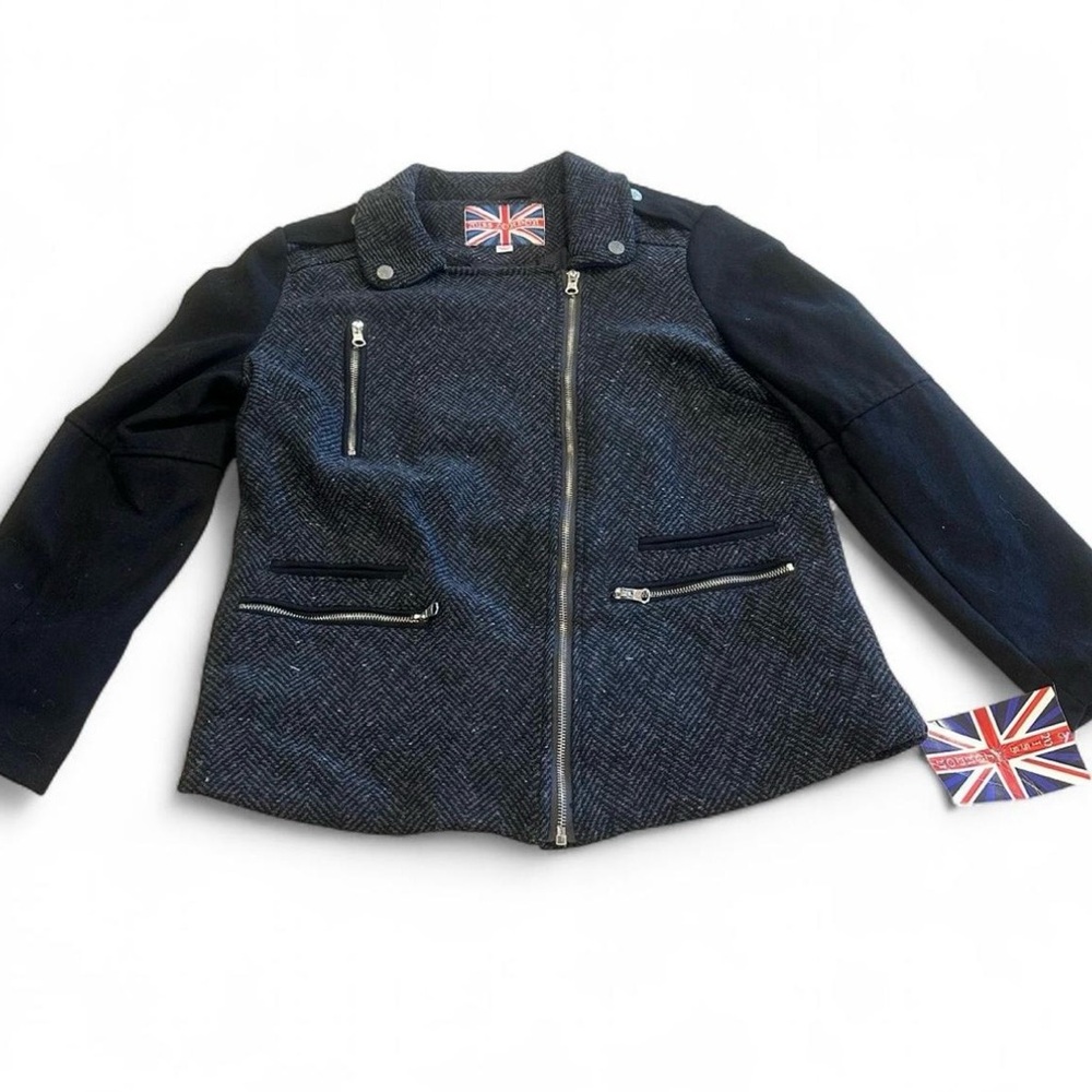 NWT Miss London Lg Black Asymmetric Zip Urban Anorak Military Coat Wool Blend